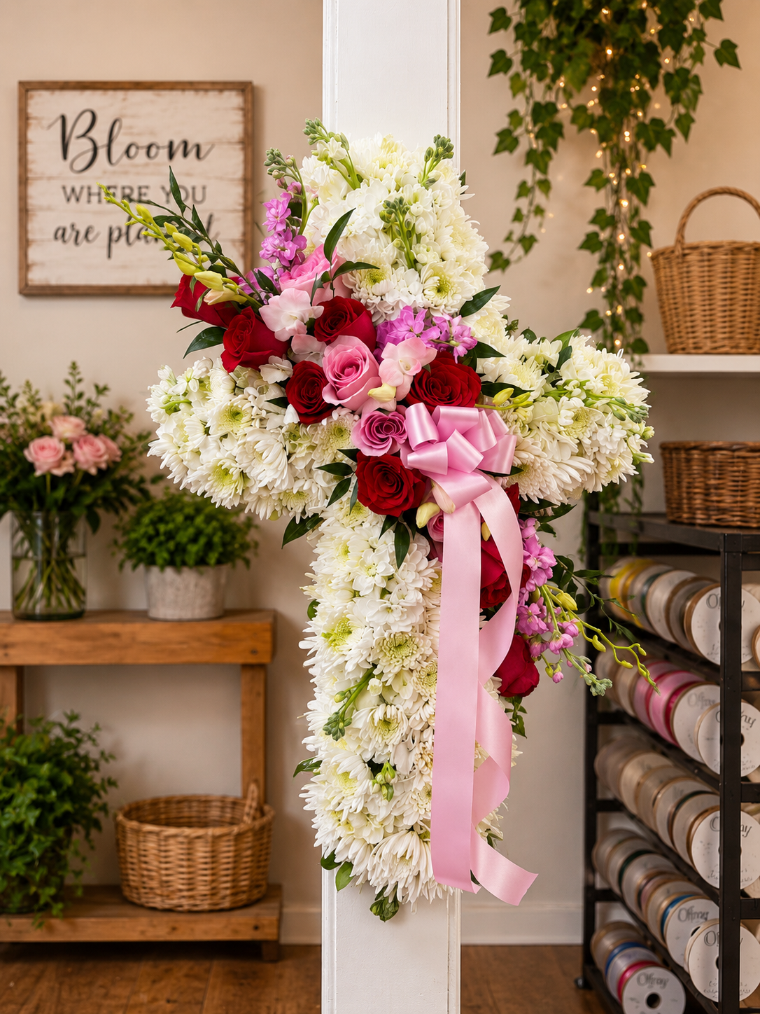 White Cross with Pink Roses